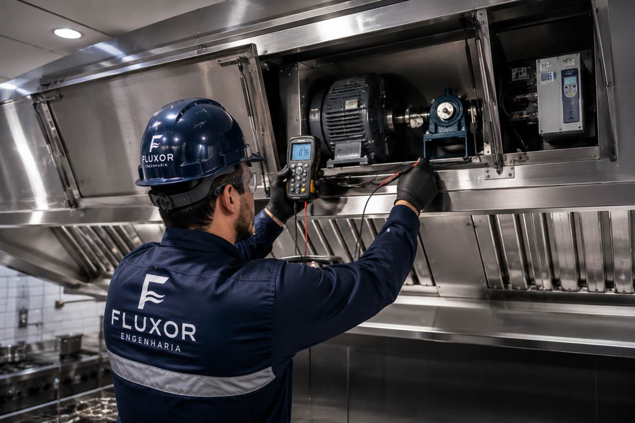Técnico da Fluxor medindo o motor de um exaustor industrial