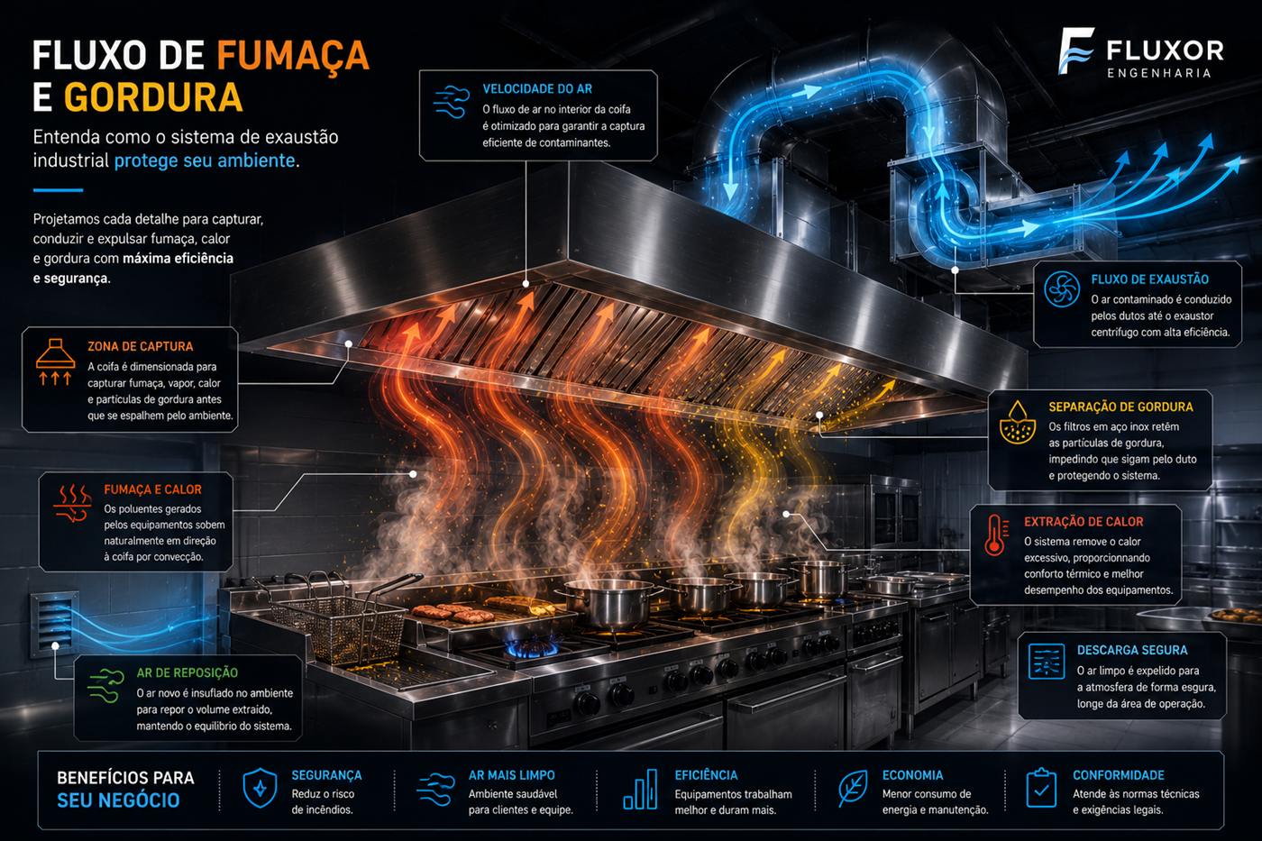 Infográfico: fluxo de fumaça e gordura no sistema de exaustão